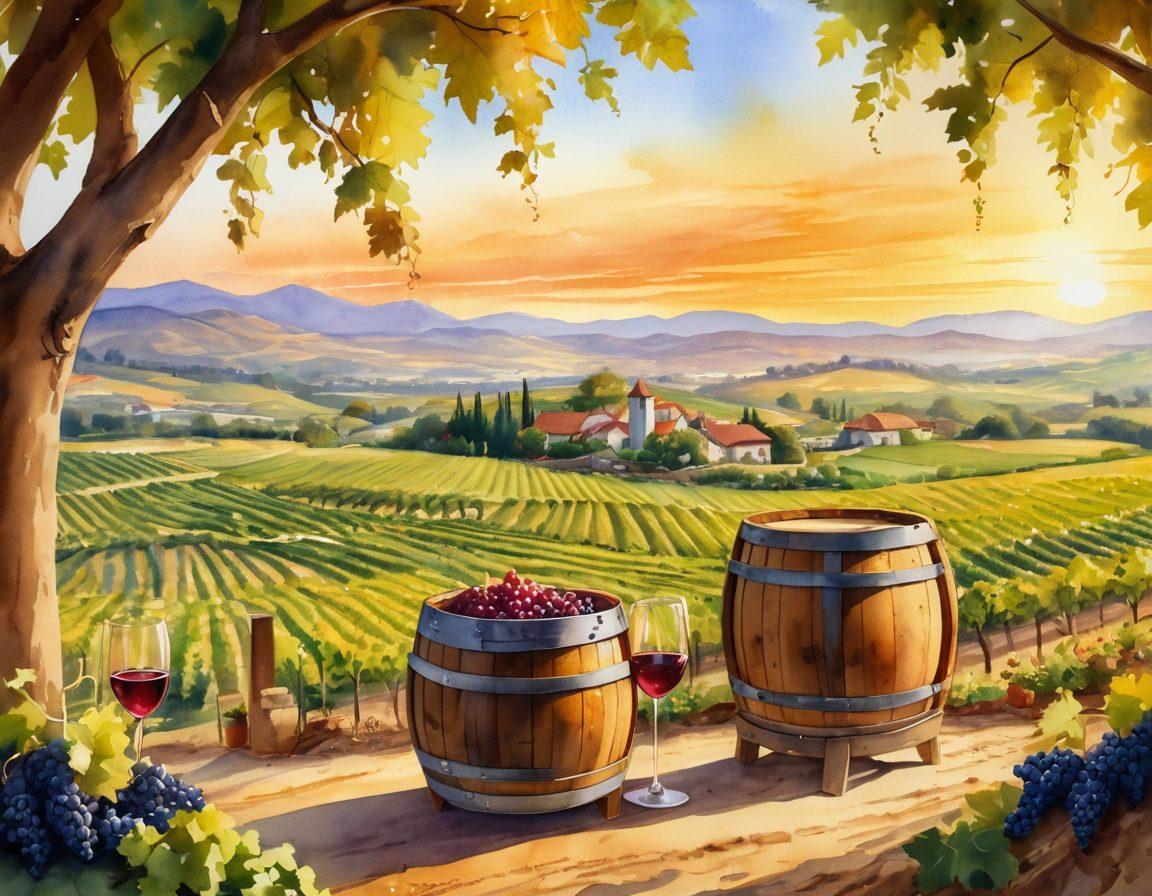 A picturesque vineyard scene at sunset, with lush grapevines heavy with ripe grapes, a rustic wine barrel in the foreground, and a cheerful group of diverse people participating in a wine tasting event, glasses raised in celebration. The warm golden light casts a joyful ambiance over the scene, with rolling hills in the background. watercolor painting. vibrant colors. soft focus.