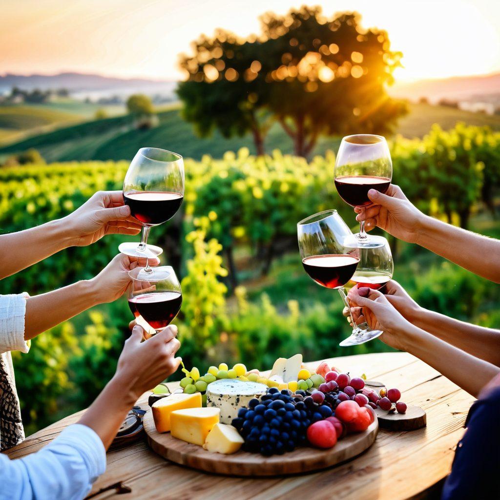 A vibrant vineyard at sunset, featuring cheerful wine enthusiasts clinking glasses filled with rich red and white wine. Include rolling hills with lush grapevines, a rustic wooden table adorned with delicious cheese and fruits. Capture the joy on the faces of diverse people celebrating together, surrounded by nature's beauty. soft-focus effect, warm tones, picturesque scene.