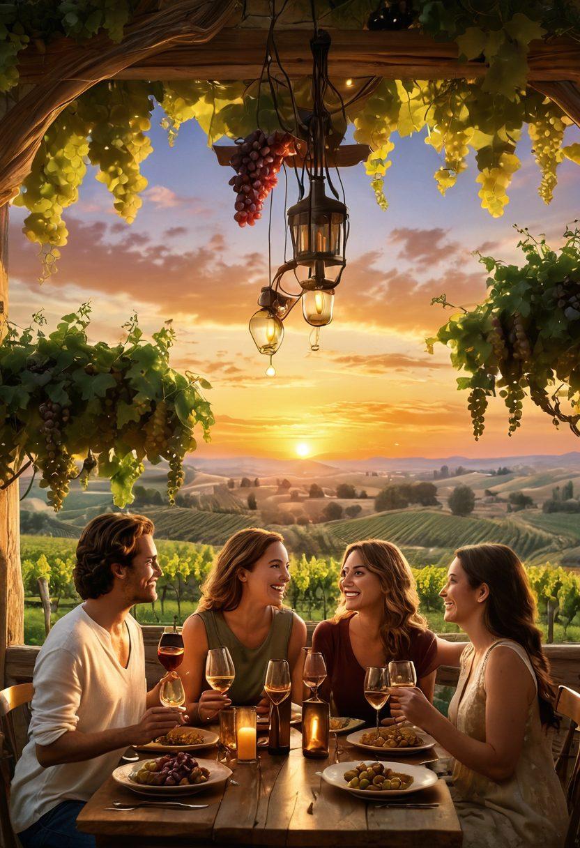 A cozy, warmly lit setting featuring diverse people sharing laughter and clinking wine glasses. In the background, a beautifully decorated vineyard at sunset with grapes hanging from vines. Soft, golden hues highlight the joy and connection brought by wine, symbolizing global unity. Include a variety of wine bottles and glasses on a rustic table. super-realistic. warm tones. inviting atmosphere.